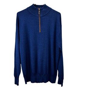Orvis Wool Sweater L Blue Mock Neck 1/4 Zip Long Sleeve Pullover